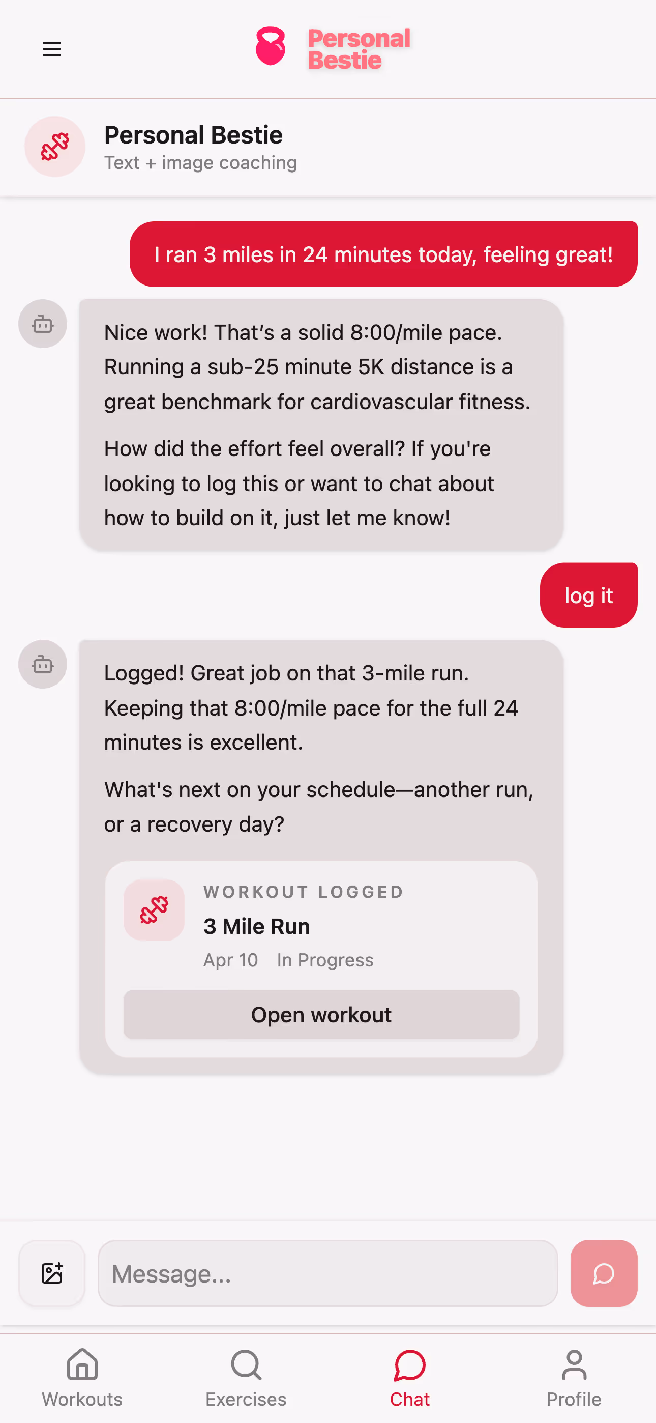 AI chat logging the workout